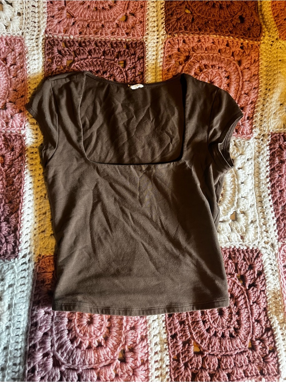 Garage Brown Square-Neck Cap Sleeve Tee